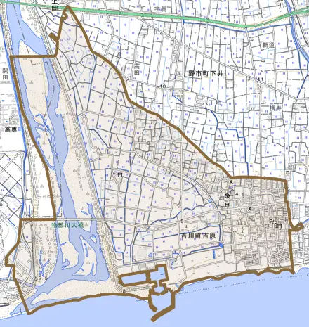 吉川町吉原とその周辺の地図。町の範囲を重ねている