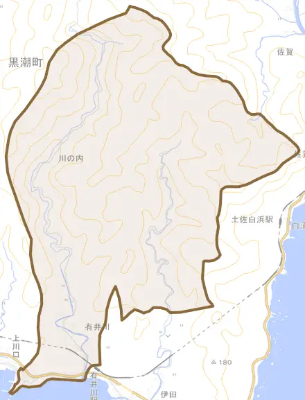 有井川とその周辺の地図。町の範囲を重ねている