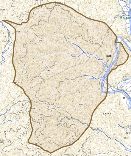 藤縄とその周辺の地図。町の範囲を重ねている