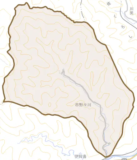 市野々川とその周辺の地図。町の範囲を重ねている