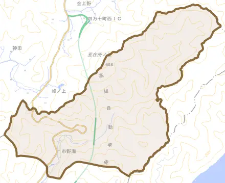 市野瀬とその周辺の地図。町の範囲を重ねている