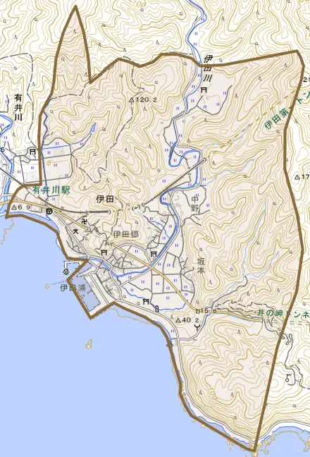 伊田とその周辺の地図。町の範囲を重ねている