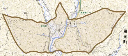 荷稲とその周辺の地図。町の範囲を重ねている