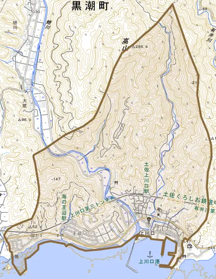 上川口とその周辺の地図。町の範囲を重ねている