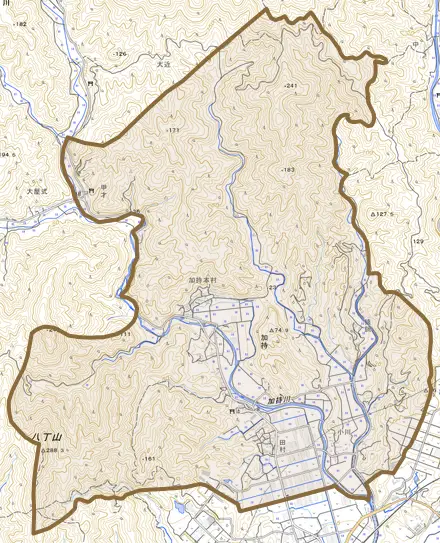 加持とその周辺の地図。町の範囲を重ねている