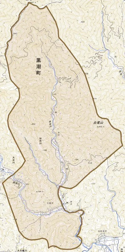 加持川とその周辺の地図。町の範囲を重ねている
