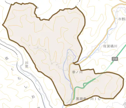 拳ノ川とその周辺の地図。町の範囲を重ねている