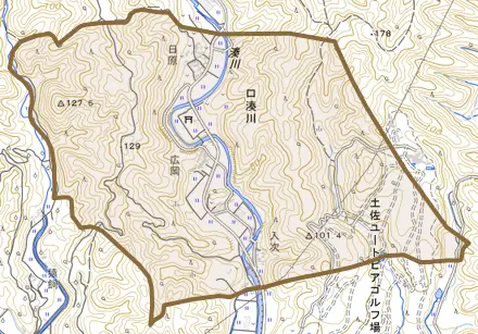 口湊川とその周辺の地図。町の範囲を重ねている