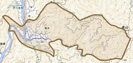 熊井とその周辺の地図。町の範囲を重ねている