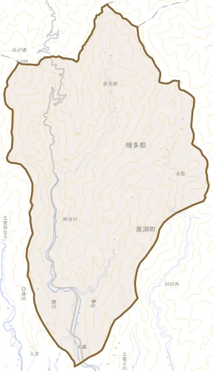蜷川とその周辺の地図。町の範囲を重ねている