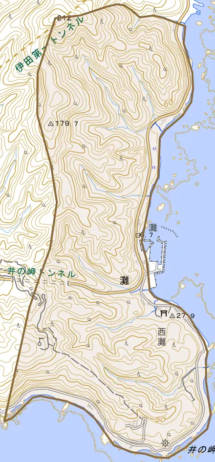 灘とその周辺の地図。町の範囲を重ねている