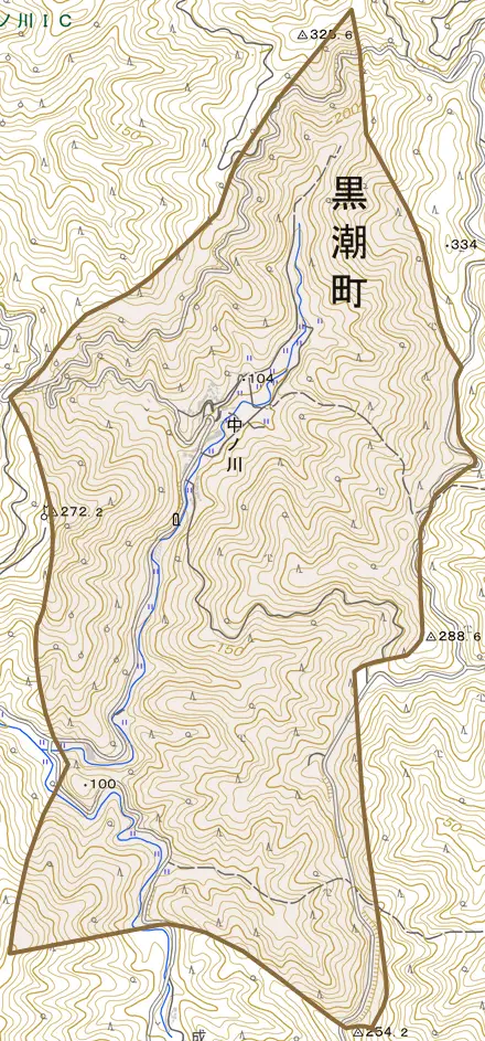 中ノ川とその周辺の地図。町の範囲を重ねている