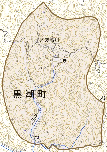 大方橘川とその周辺の地図。町の範囲を重ねている