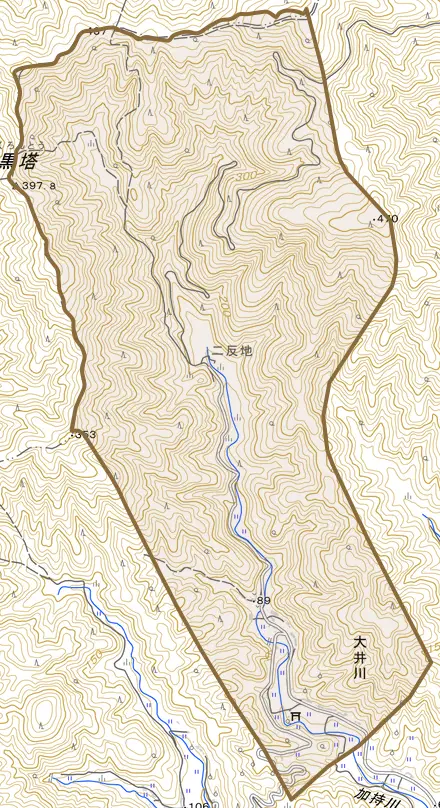大井川とその周辺の地図。町の範囲を重ねている