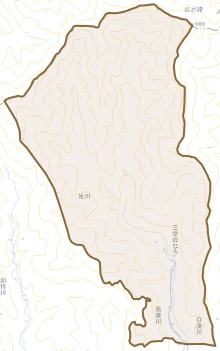 奥湊川とその周辺の地図。町の範囲を重ねている