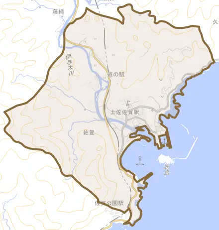 佐賀とその周辺の地図。町の範囲を重ねている