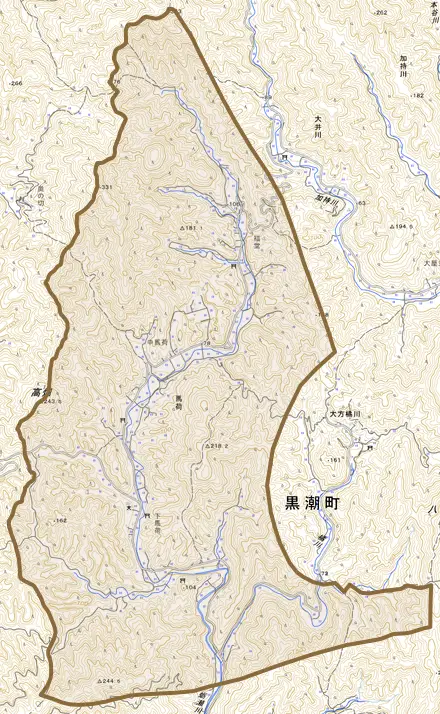 馬荷とその周辺の地図。町の範囲を重ねている
