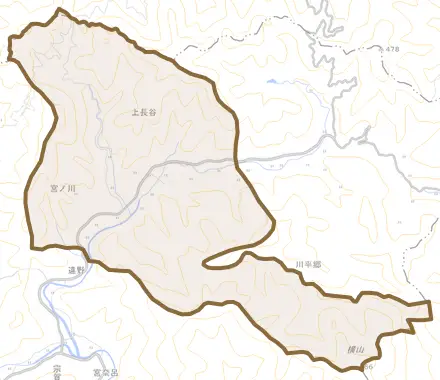 大字上長谷とその周辺の地図。町の範囲を重ねている