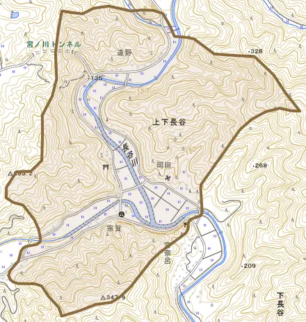 大字上下長谷とその周辺の地図。町の範囲を重ねている