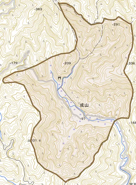 大字成山とその周辺の地図。町の範囲を重ねている