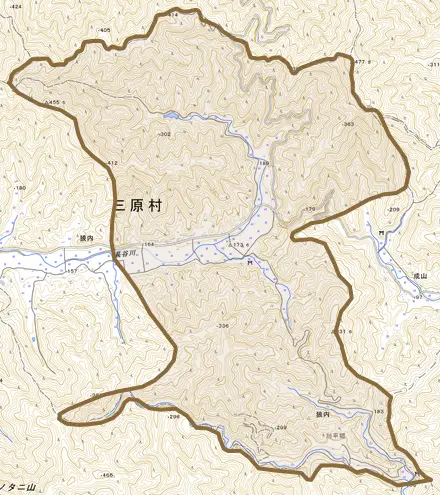 大字狼内とその周辺の地図。町の範囲を重ねている
