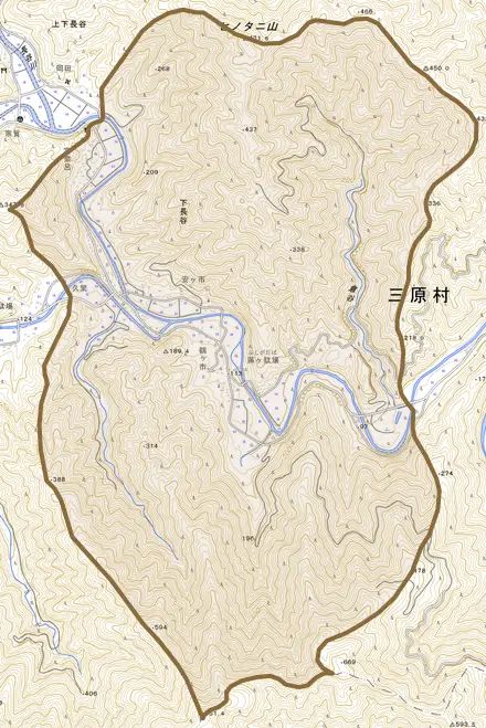 大字下長谷とその周辺の地図。町の範囲を重ねている