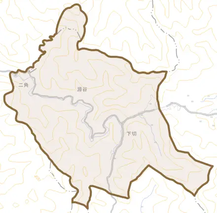 大字下切とその周辺の地図。町の範囲を重ねている