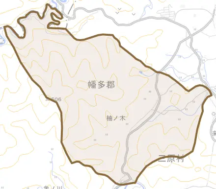 大字柚ノ木とその周辺の地図。町の範囲を重ねている