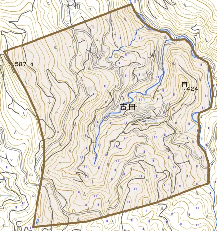古田とその周辺の地図。町の範囲を重ねている