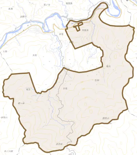 木能津とその周辺の地図。町の範囲を重ねている