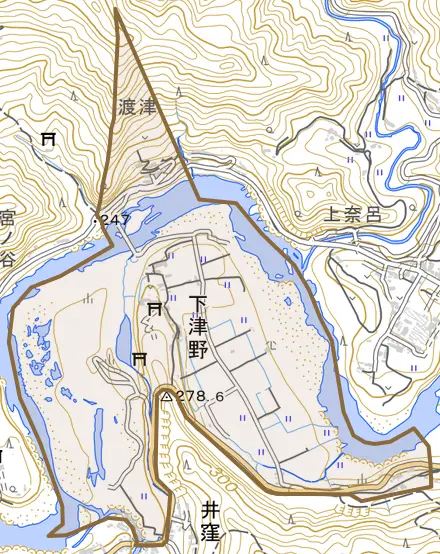 下津野とその周辺の地図。町の範囲を重ねている