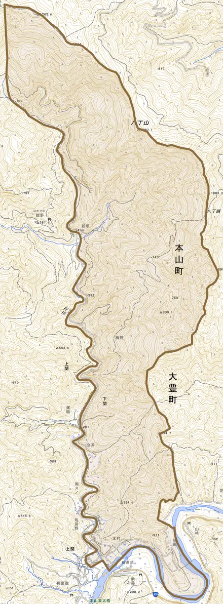 下関とその周辺の地図。町の範囲を重ねている