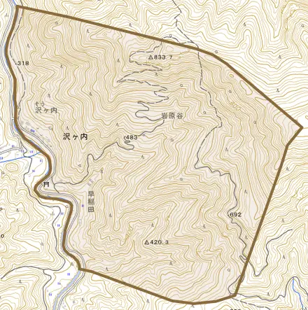 沢ケ内とその周辺の地図。町の範囲を重ねている
