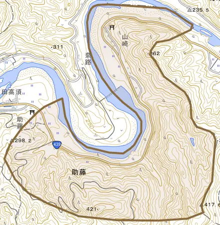 助藤とその周辺の地図。町の範囲を重ねている