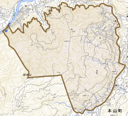 大石とその周辺の地図。町の範囲を重ねている