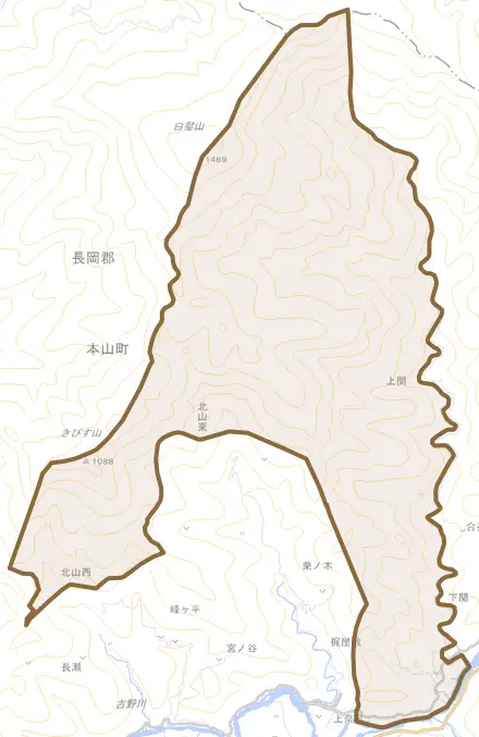 上関甲とその周辺の地図。町の範囲を重ねている