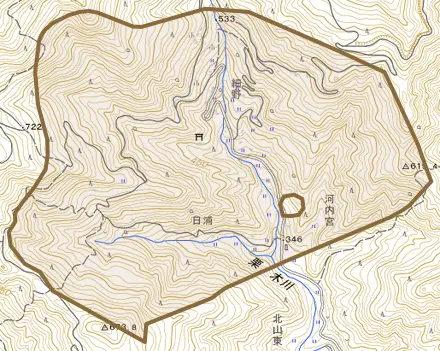 北山乙とその周辺の地図。町の範囲を重ねている