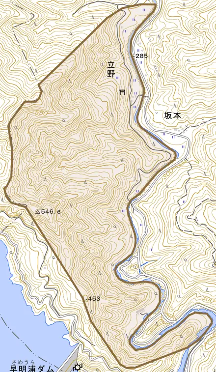 立野とその周辺の地図。町の範囲を重ねている