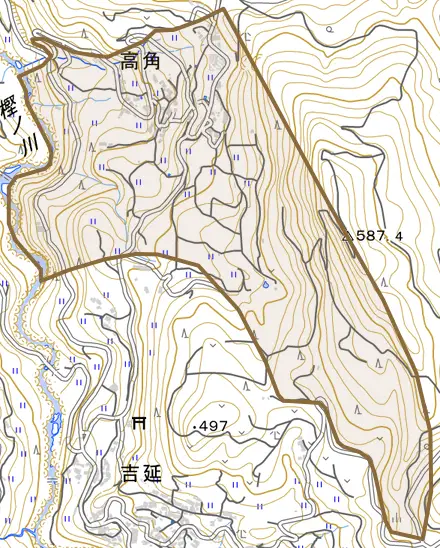 高角とその周辺の地図。町の範囲を重ねている