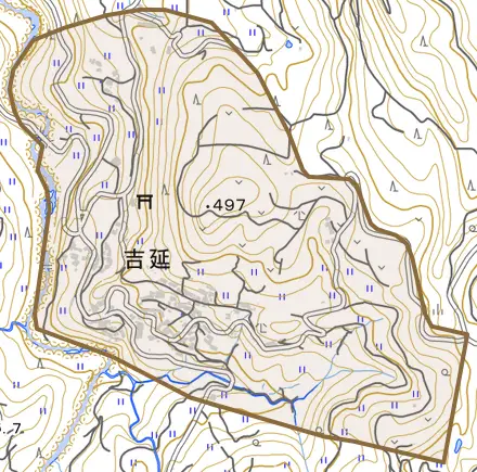 吉延とその周辺の地図。町の範囲を重ねている