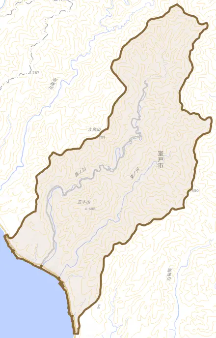 吉良川町とその周辺の地図。町の範囲を重ねている