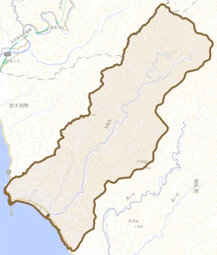 羽根町とその周辺の地図。町の範囲を重ねている