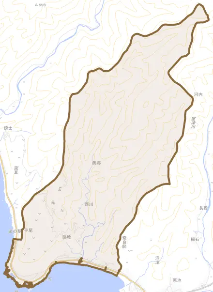 元とその周辺の地図。町の範囲を重ねている