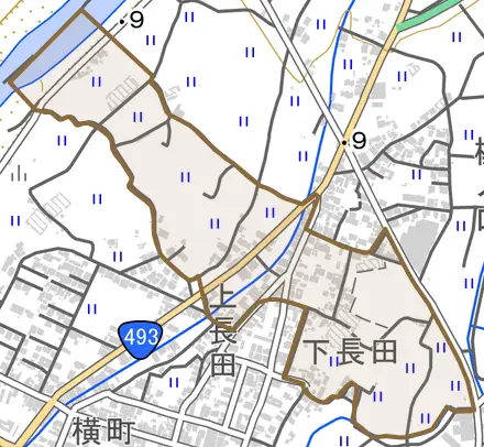 上長田とその周辺の地図。町の範囲を重ねている