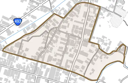 下長田とその周辺の地図。町の範囲を重ねている