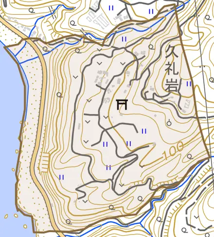 久礼岩とその周辺の地図。町の範囲を重ねている