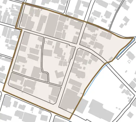 東町とその周辺の地図。町の範囲を重ねている