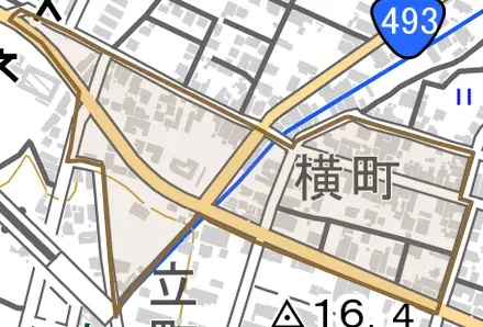 横町とその周辺の地図。町の範囲を重ねている