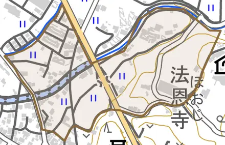 生木とその周辺の地図。町の範囲を重ねている