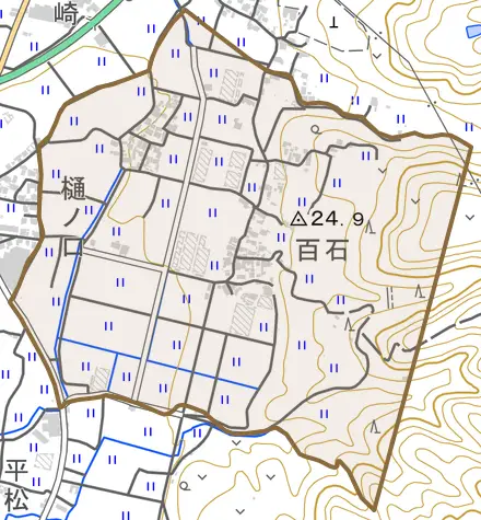 百石とその周辺の地図。町の範囲を重ねている